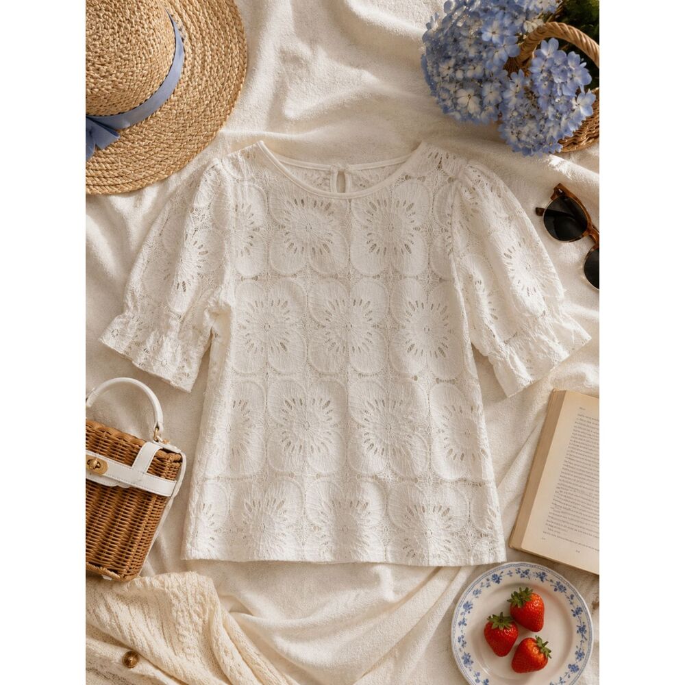 Floral Lace White Blouse Euro Summer Cruise Attire Nantucket Beach Unbranded